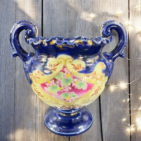 Antique Fine Porcelain Vase Vessel Footed Dish Bowl W Handles Decorated Ceramic - Picture 2 of 16